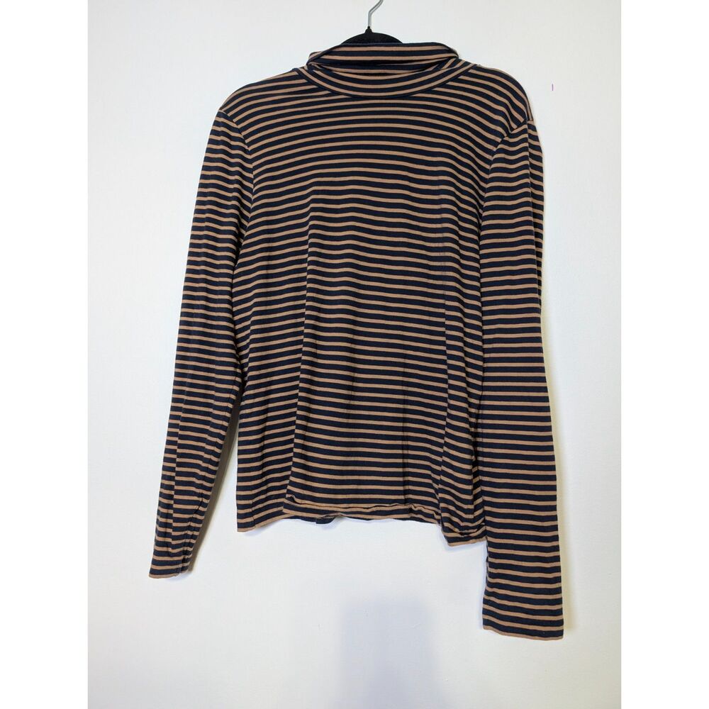 J.Crew Tissue Turtleneck Top Medium Navy Camel Stripe Cotton Coastal Preppy - Picture 6 of 6